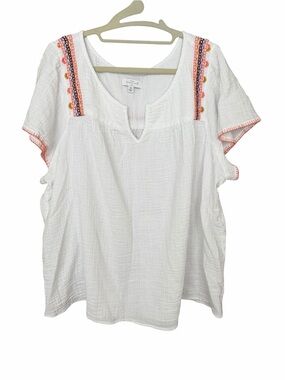 New Directions Curvy White Embroidered Gauze Short Sleeve Blouse 3X